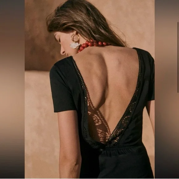 Sezane Lucille Dress Open Back Lace Black Midi Dress - Picture 4 of 16